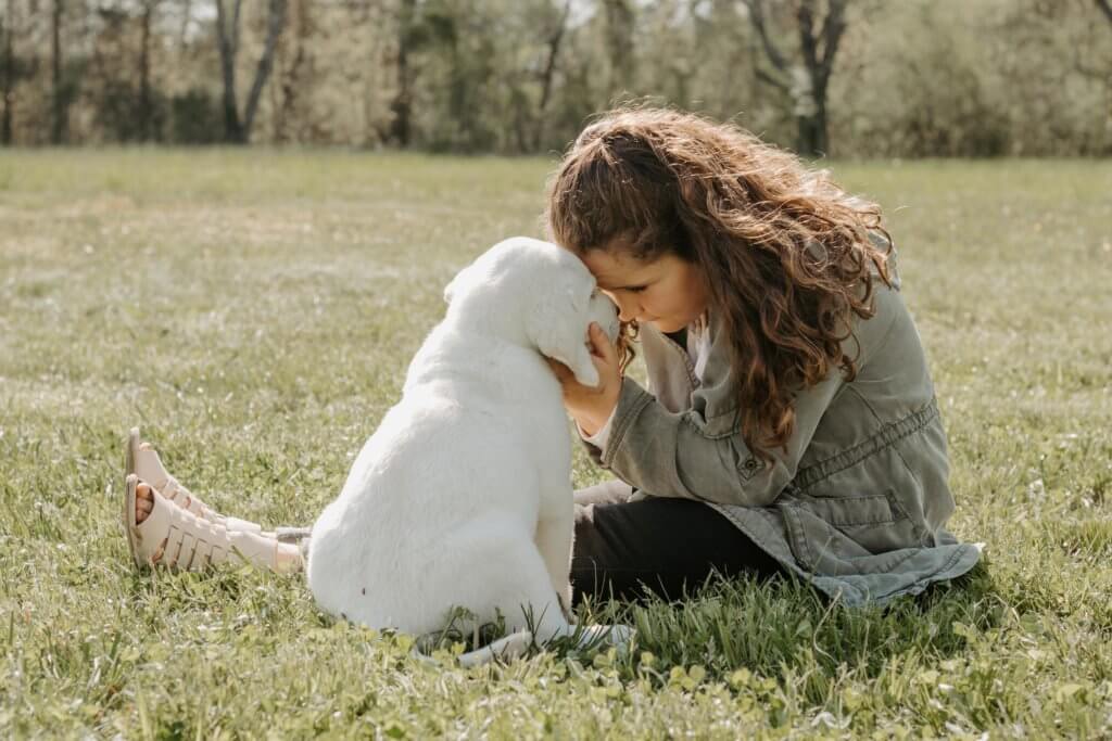 girl and lab puppy snuggling 