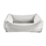 white and gray colored dog bed