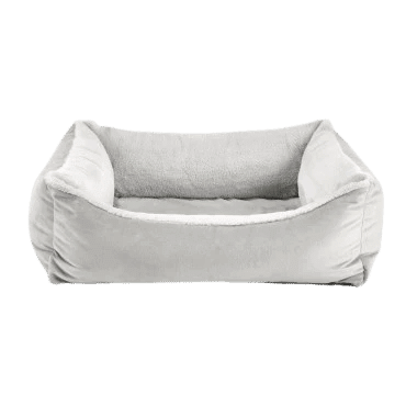 white and gray colored dog bed