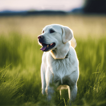 White Labrador Retriever in Field, Golden Hour, 35mm