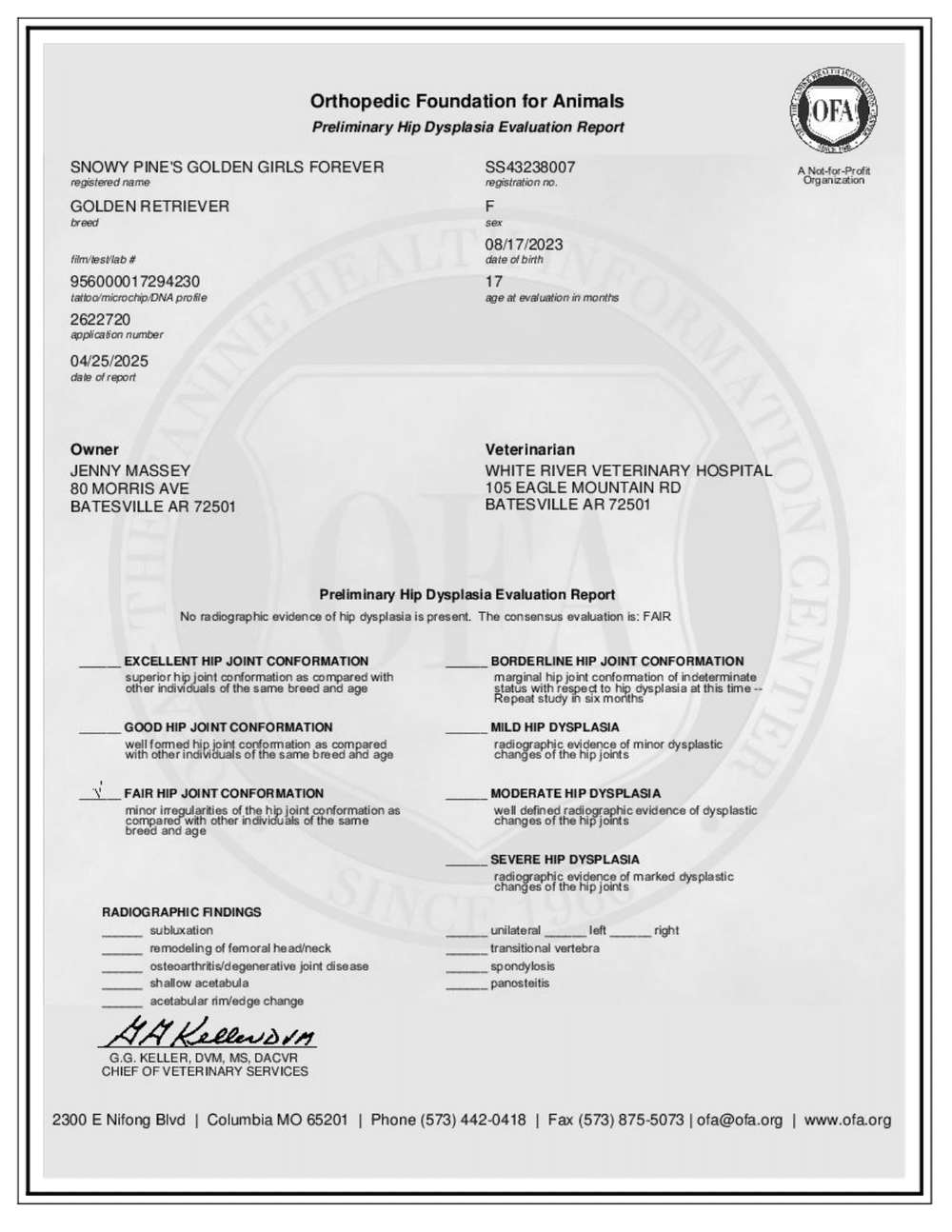 Betty OFA Hip Evaluation certificate