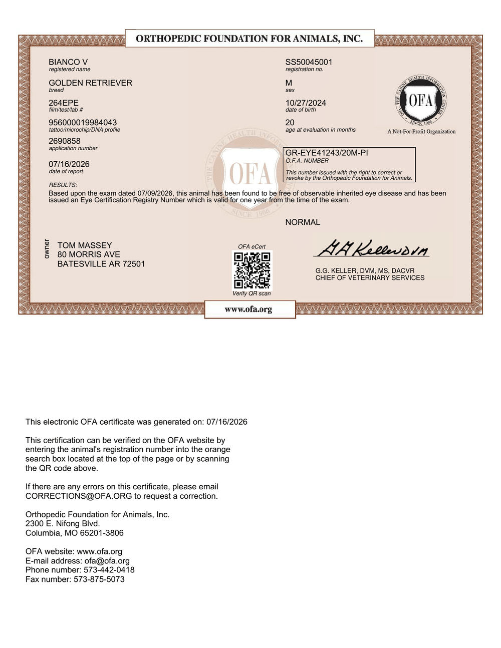 Blanco OFA Eye (CAER) Certification certificate