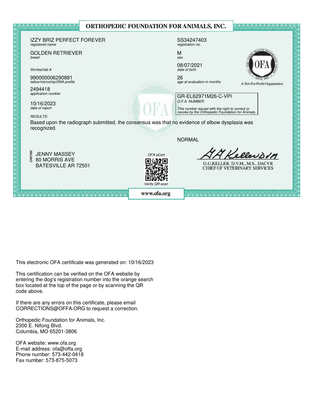 Captain OFA Elbow Evaluation certificate