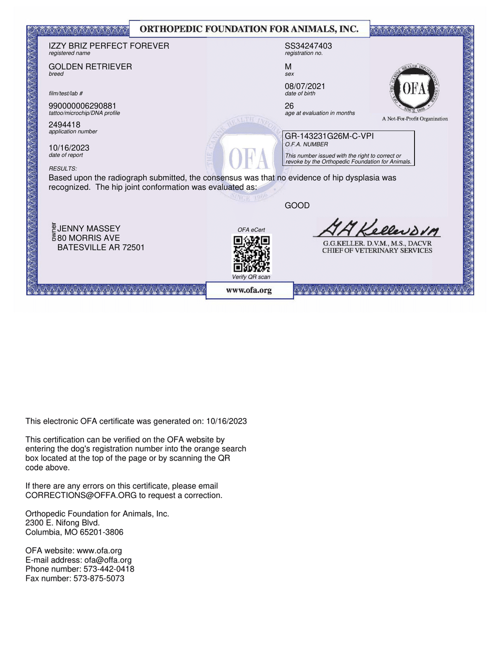 Captain OFA Hip Evaluation certificate