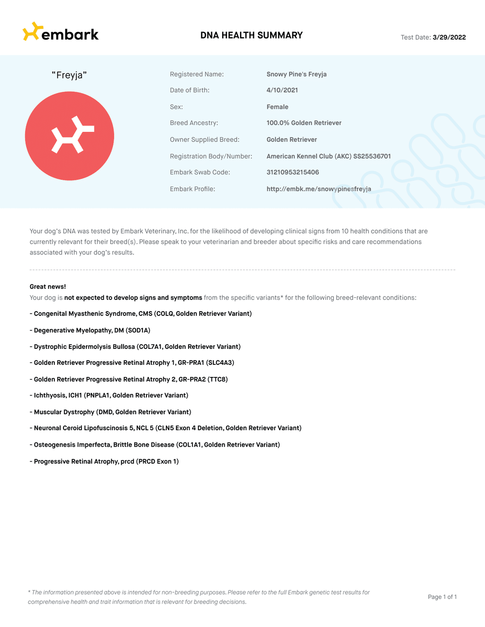 Freyja Embark DNA Report report