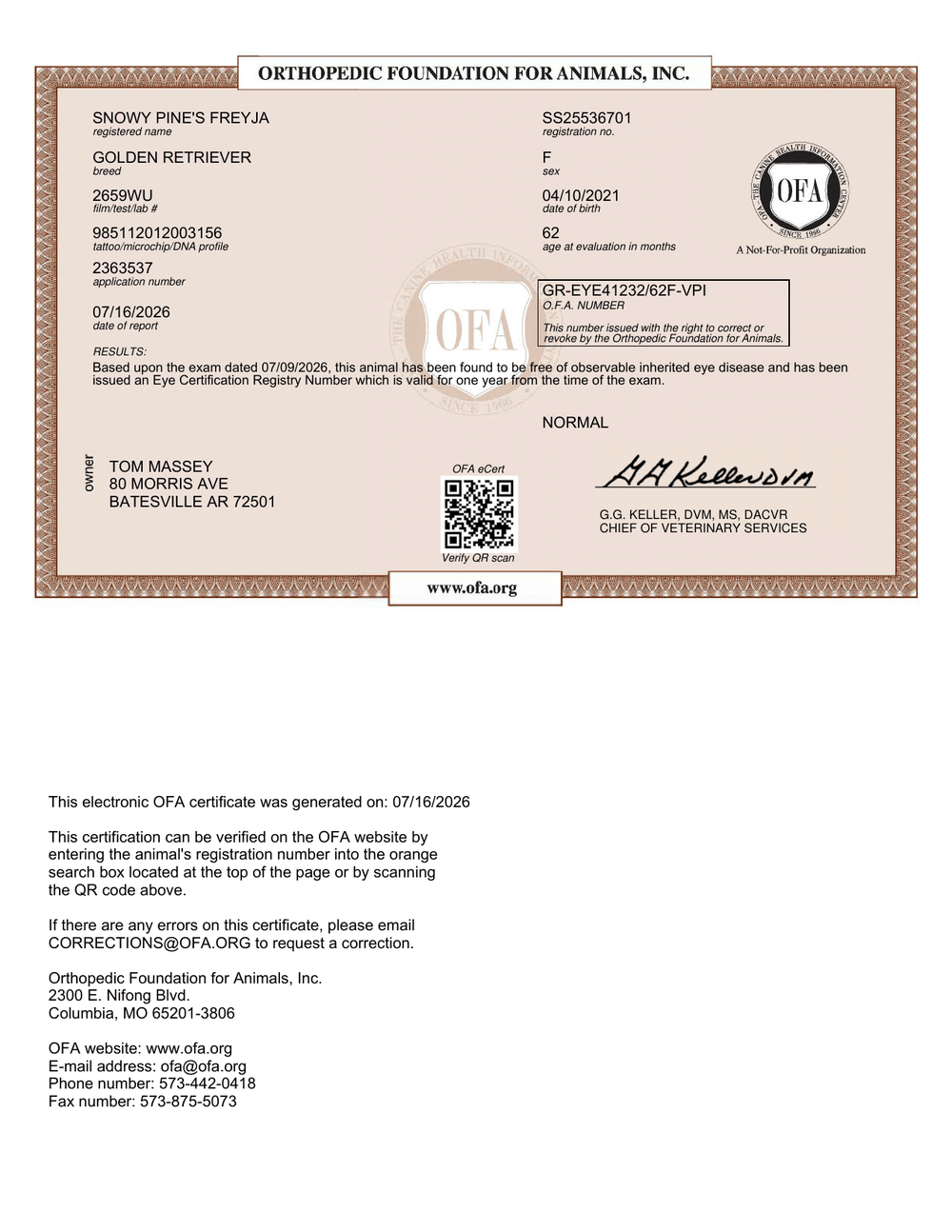 Freyja OFA Eye (CAER) Certification certificate