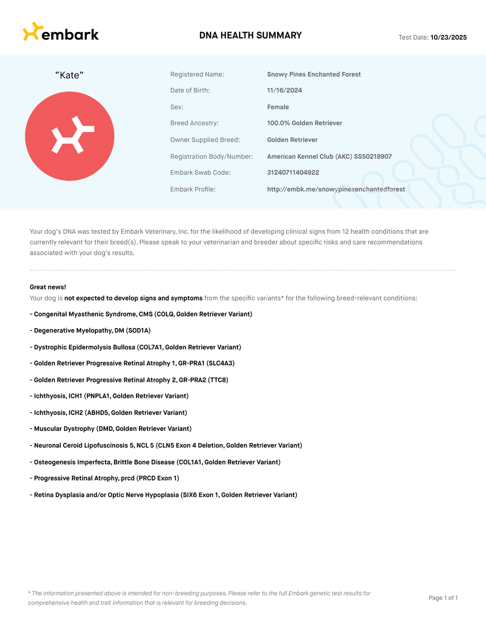 Kate Embark DNA Report report