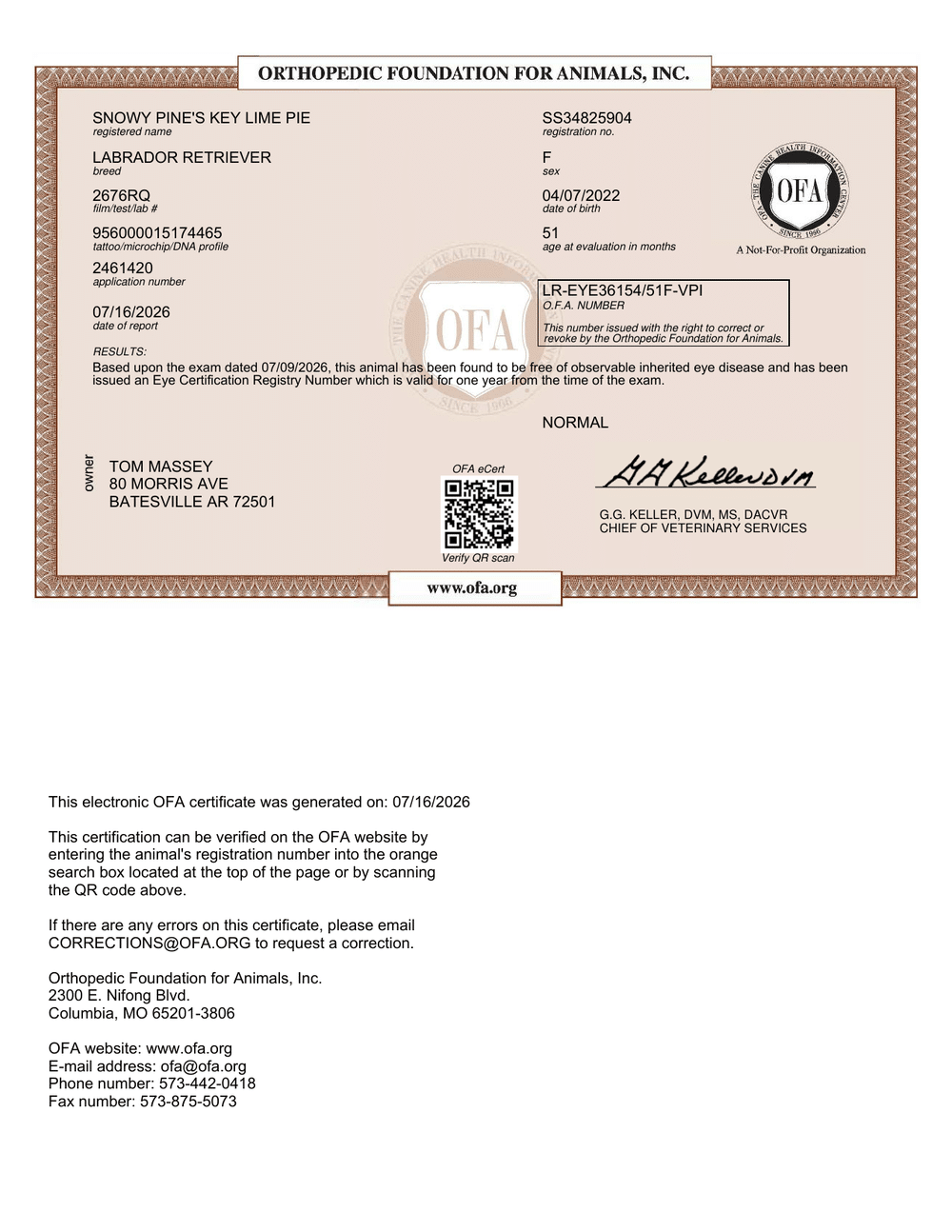 Lime OFA Eye (CAER) Certification certificate