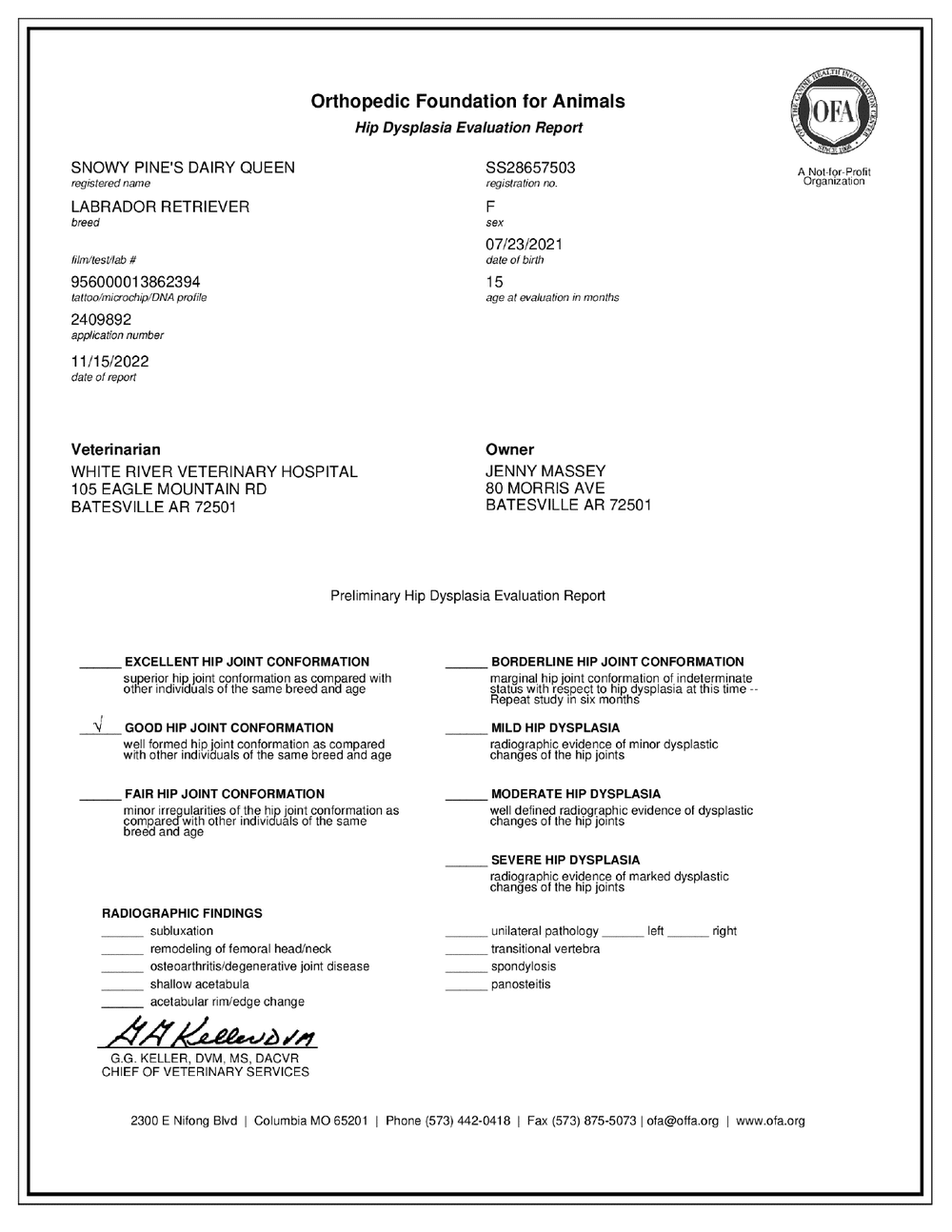 Queen OFA Hip Evaluation certificate
