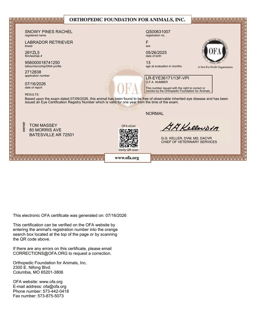 Rachel OFA Eye (CAER) Certification certificate