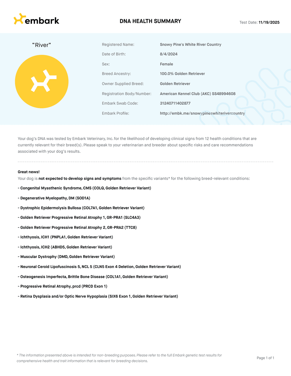 River Embark DNA Report report