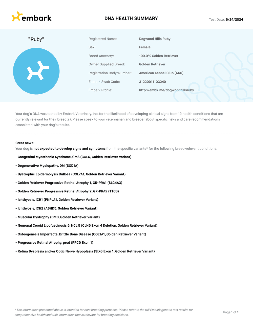Ruby Embark DNA Report report