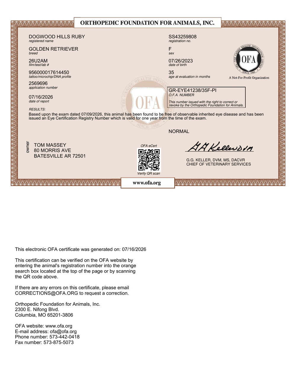Ruby OFA Eye (CAER) Certification certificate