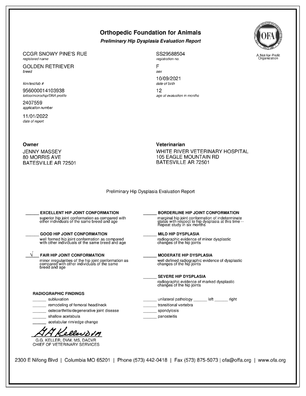 Rue OFA Hip Evaluation certificate