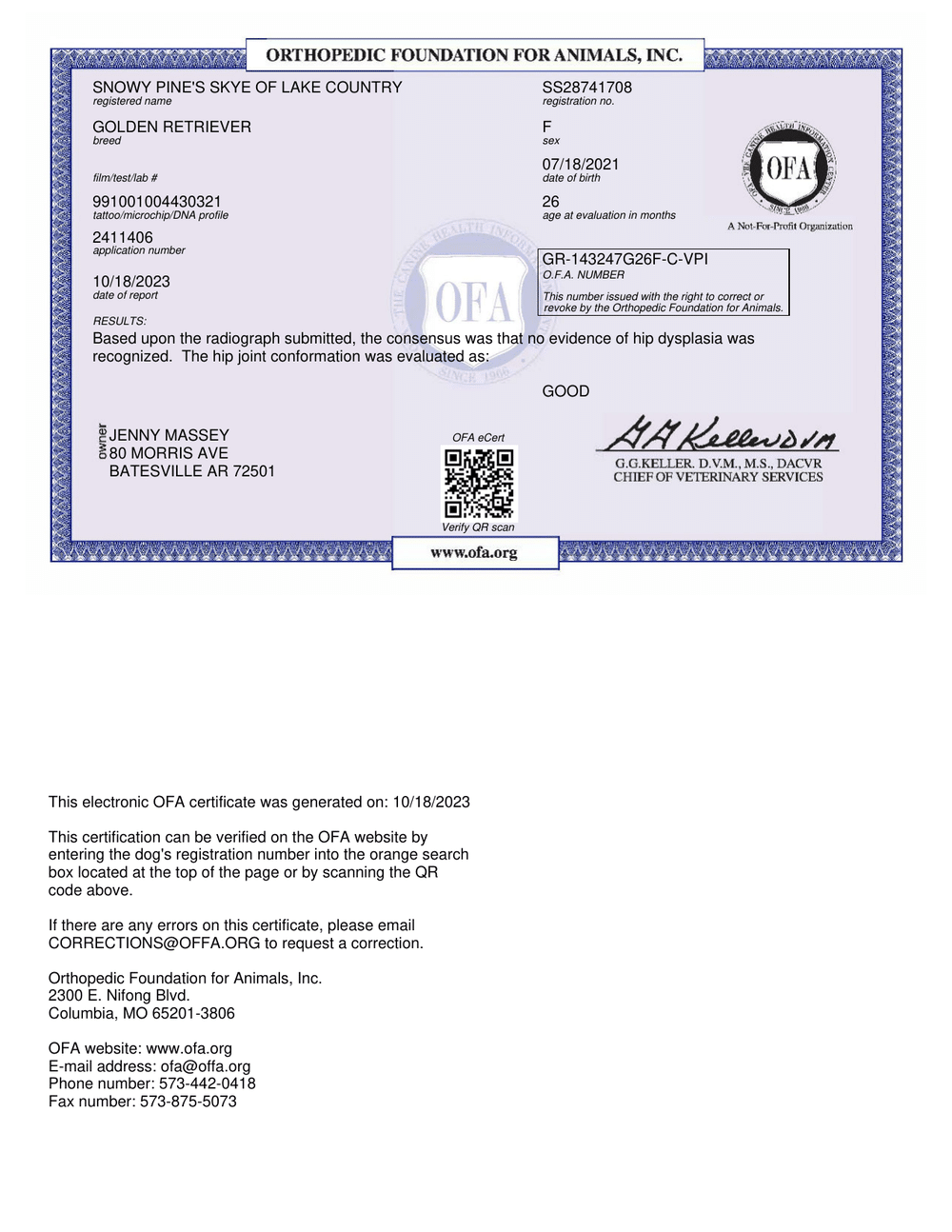 Skye OFA Hip Evaluation certificate