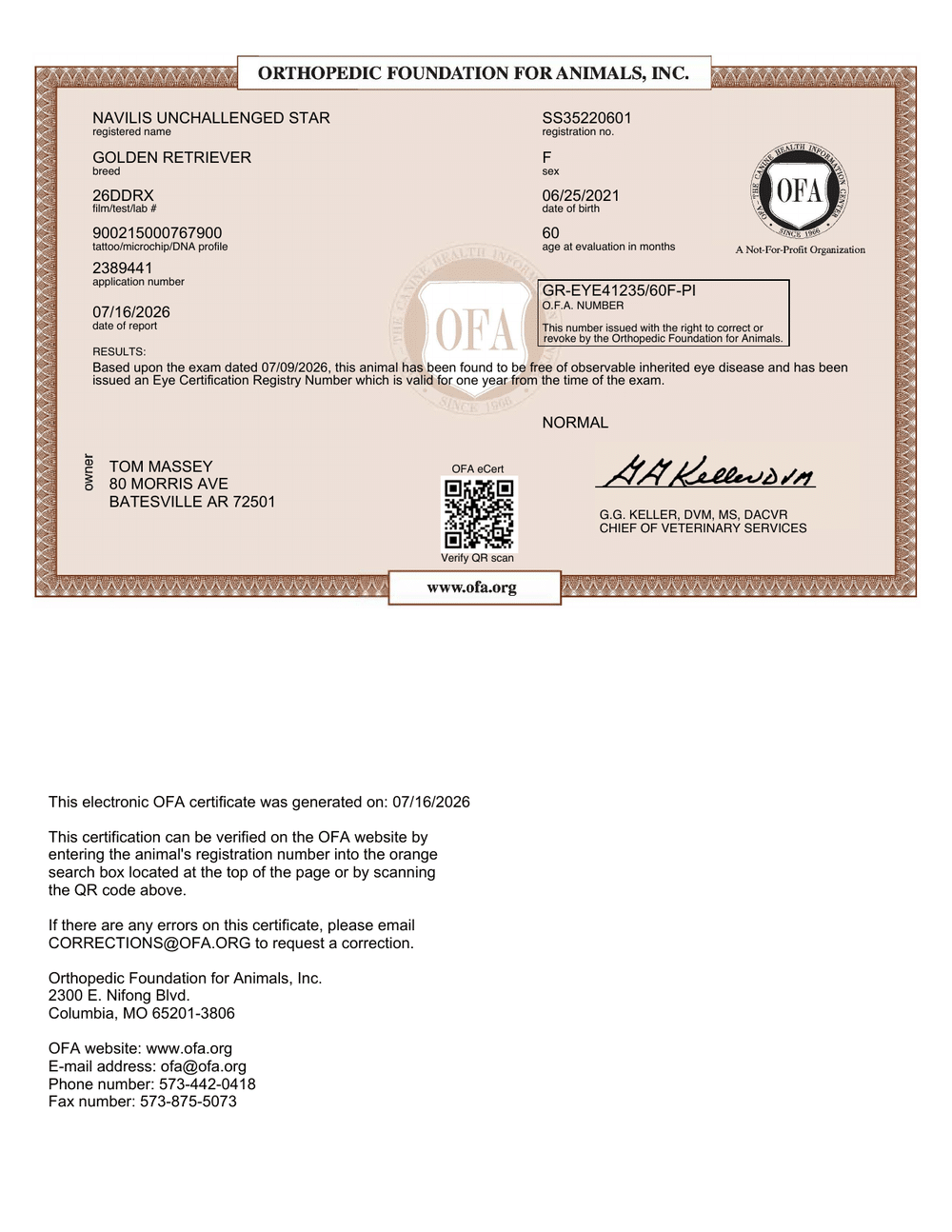Sophia OFA Eye (CAER) Certification certificate