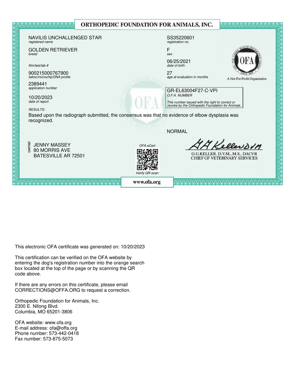 Sophia OFA Elbow Evaluation certificate