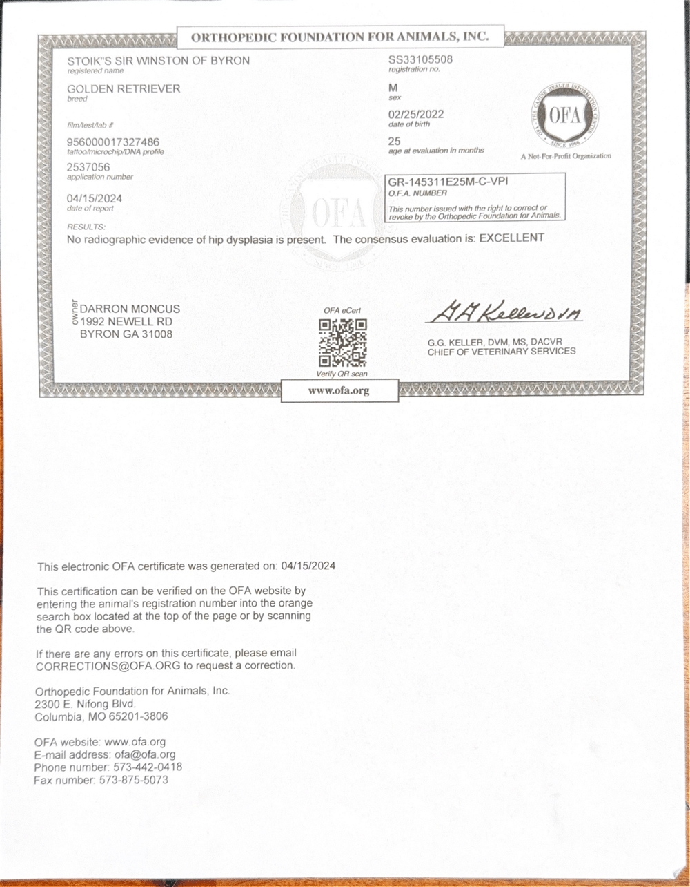 Winston OFA Hip Evaluation certificate
