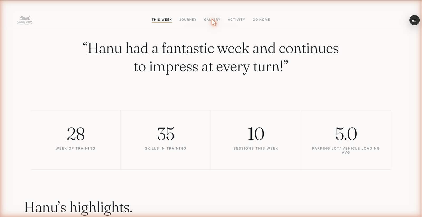 A week's summary in the portal — the trainer's note and Hanu's running totals