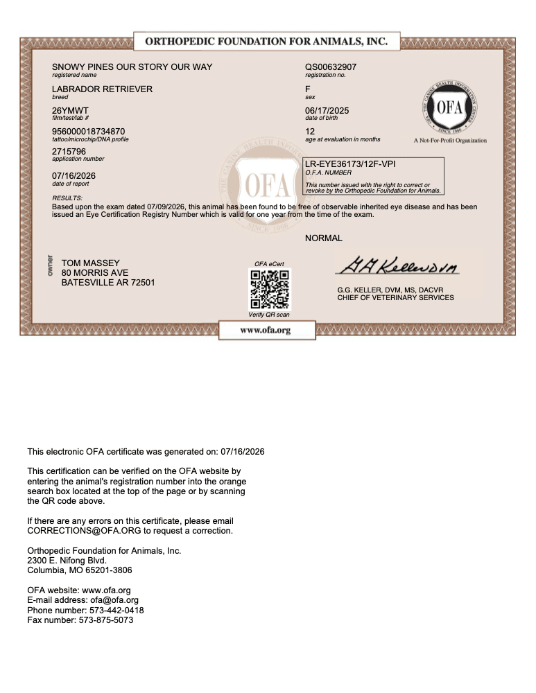 Aurora OFA Eye (CAER) Certification certificate