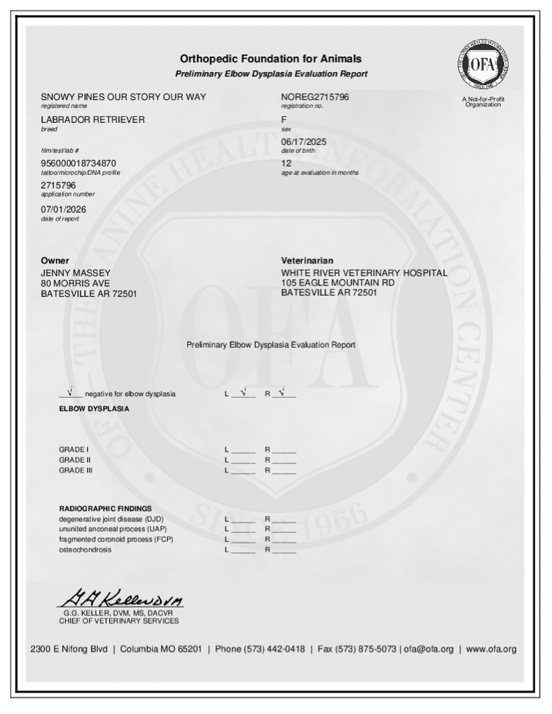 Aurora OFA Elbow Evaluation certificate