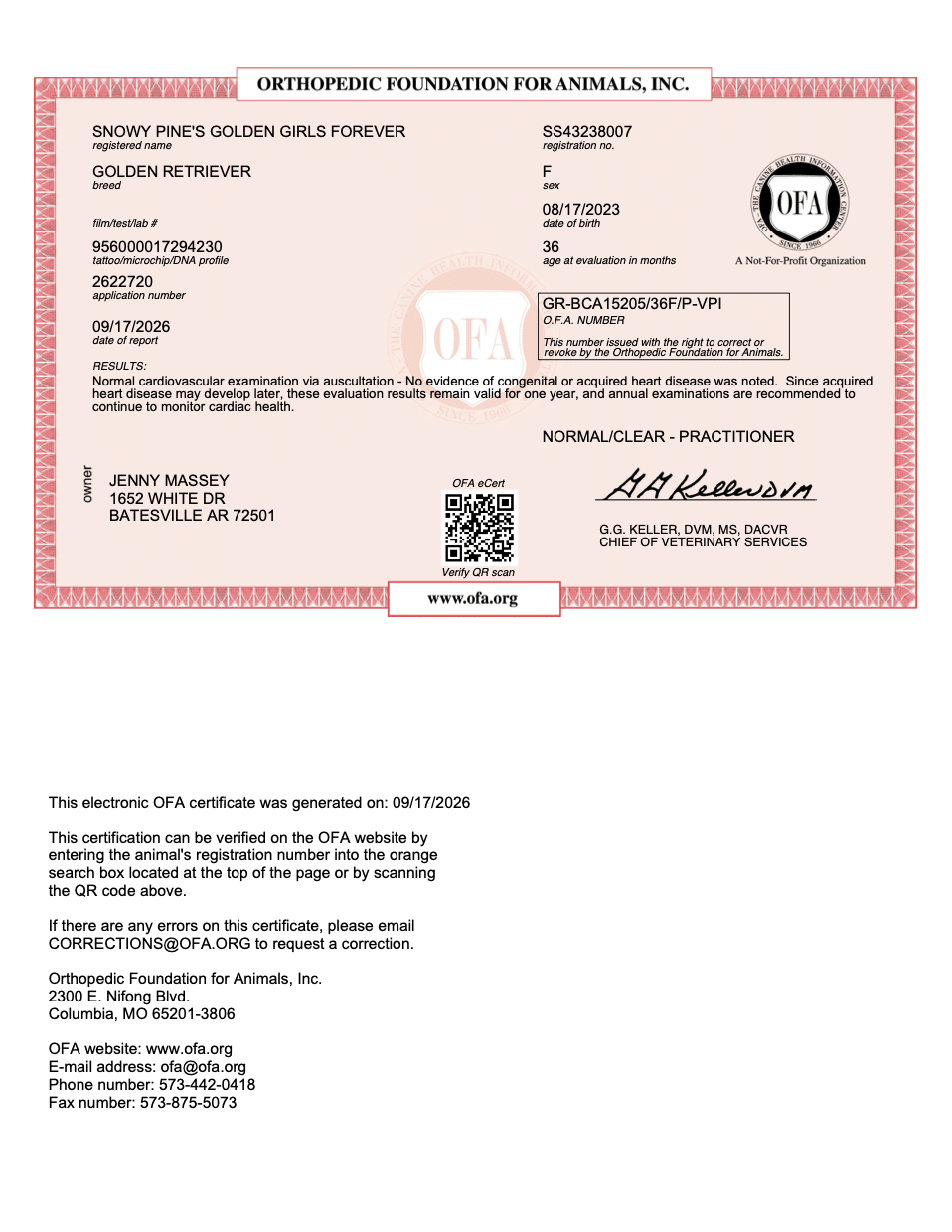 Betty OFA Cardiac Evaluation certificate