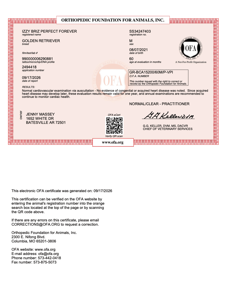 Captain OFA Cardiac Evaluation certificate