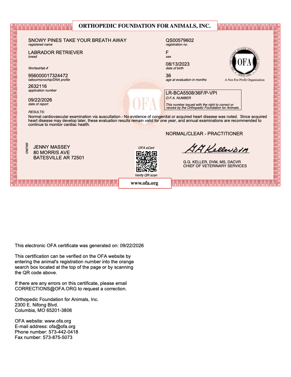 Delilah OFA Cardiac Evaluation certificate