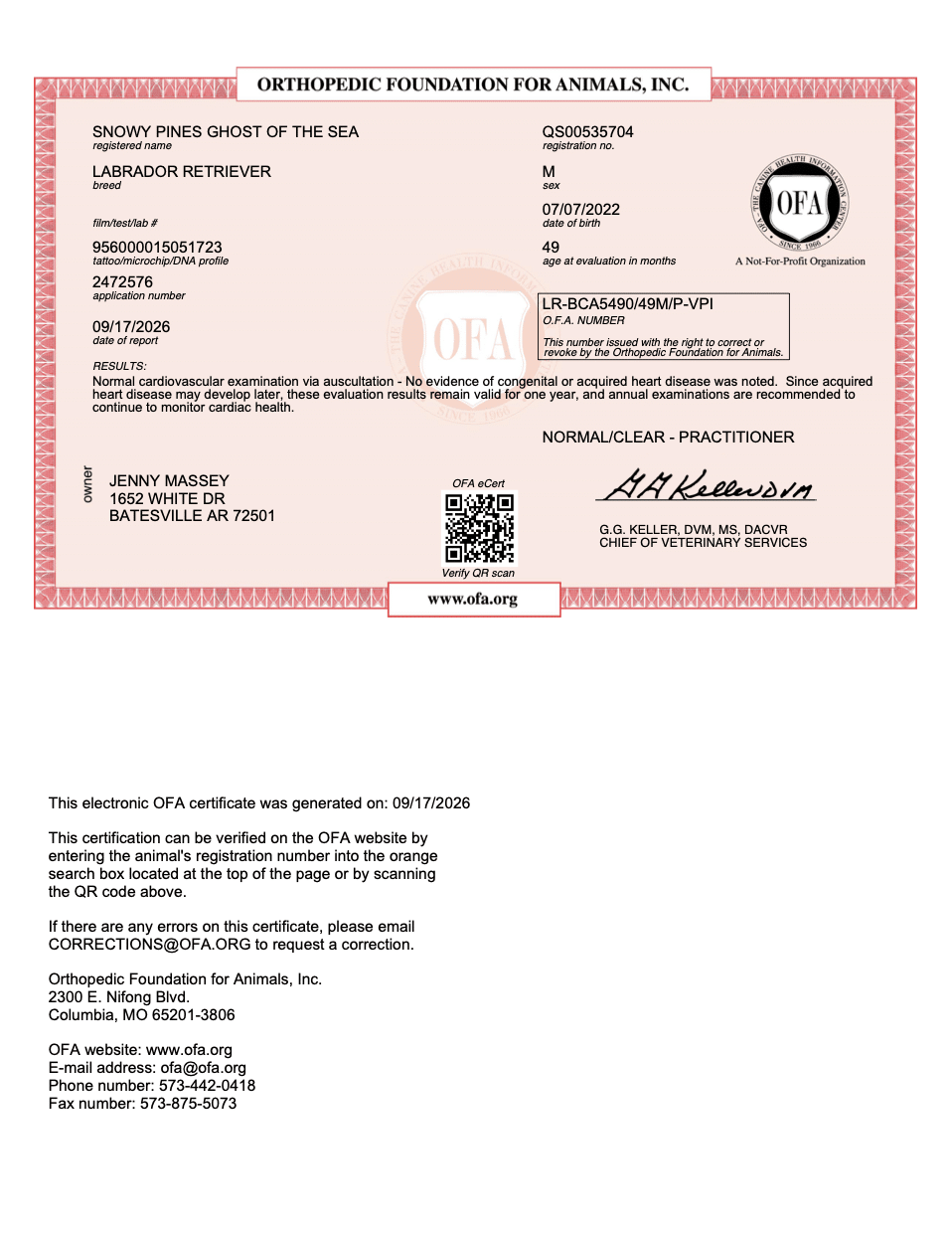 Dutch OFA Cardiac Evaluation certificate