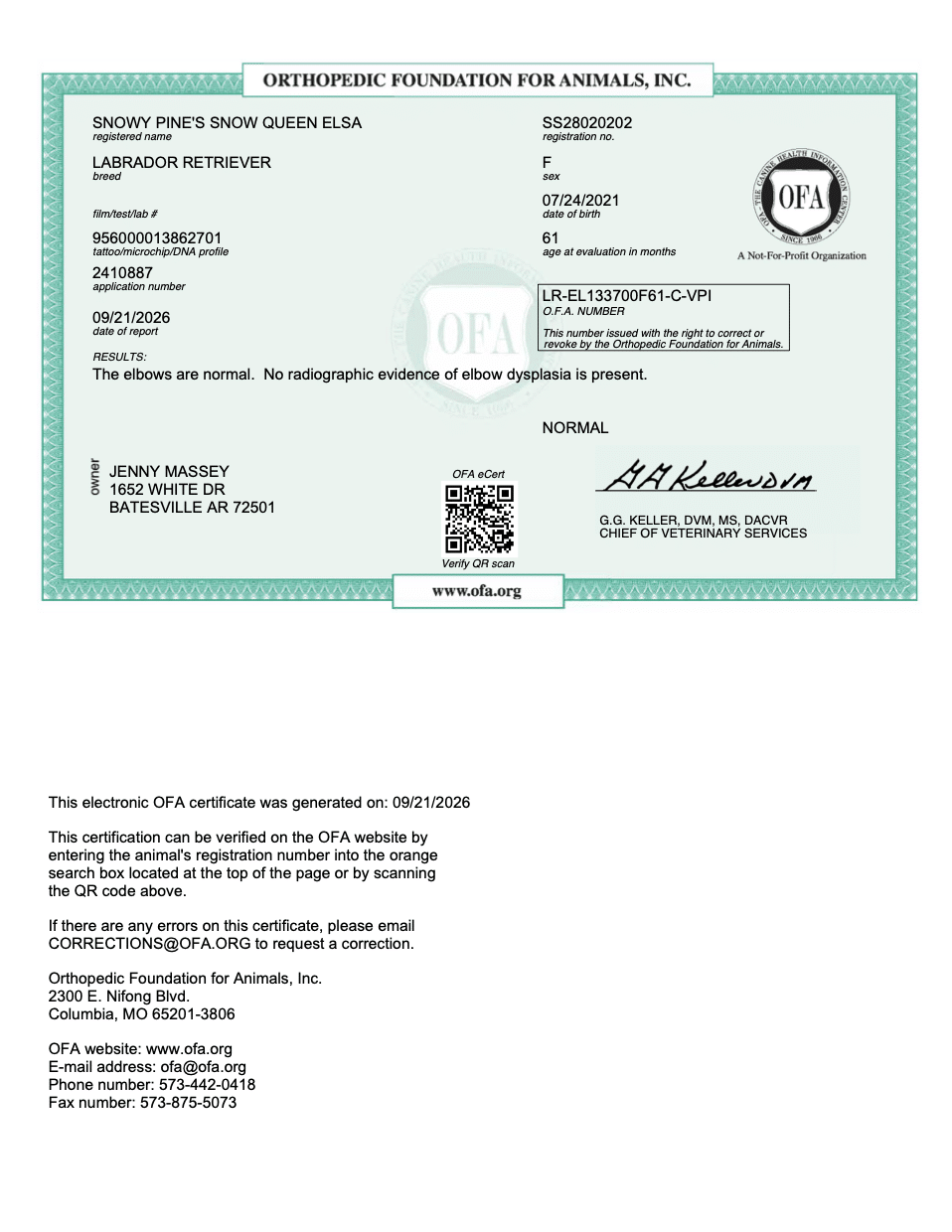 Elsa OFA Elbow Evaluation certificate