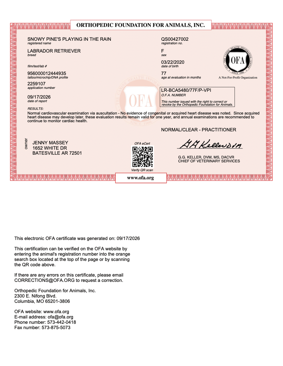 Rain OFA Cardiac Evaluation certificate