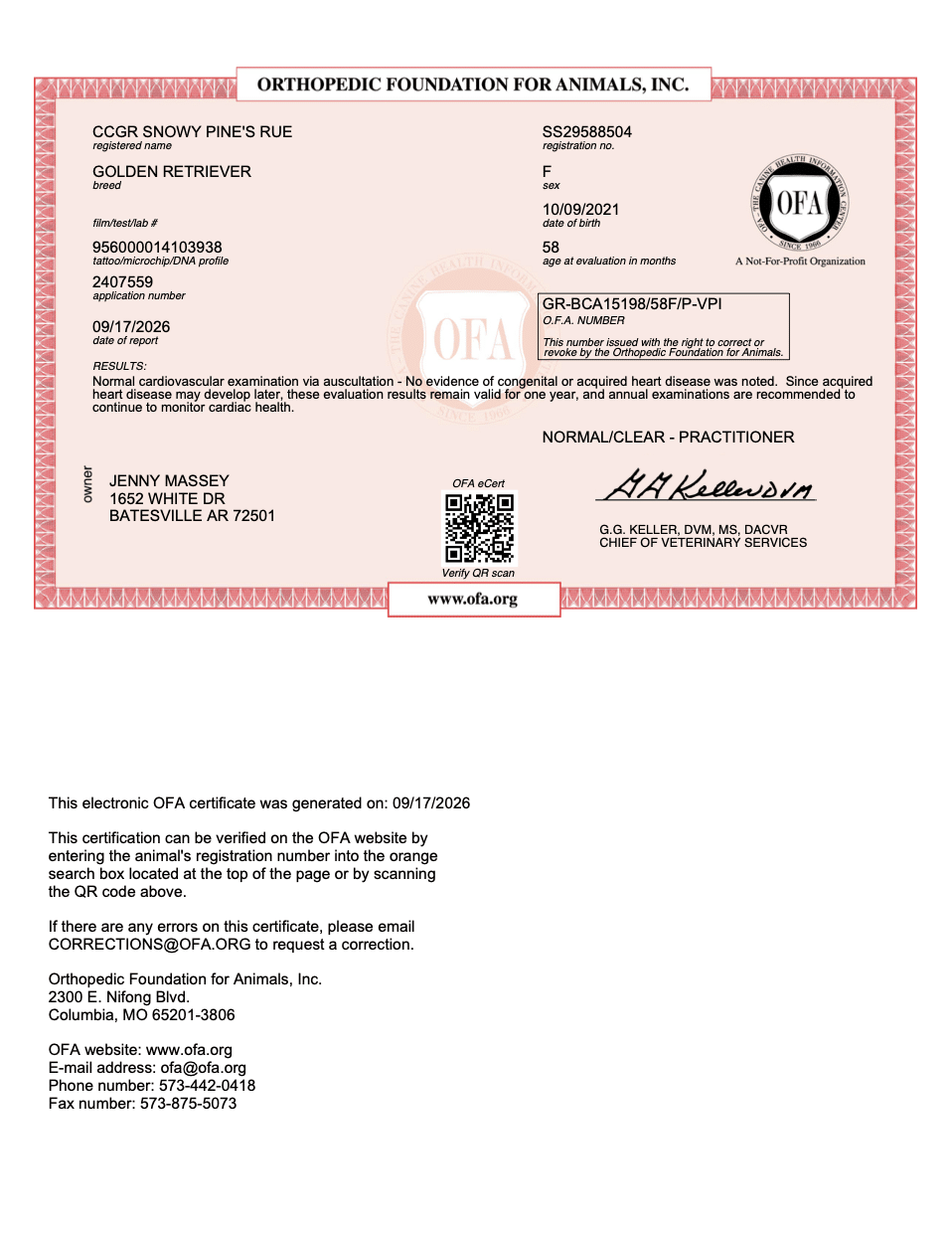 Rue OFA Cardiac Evaluation certificate