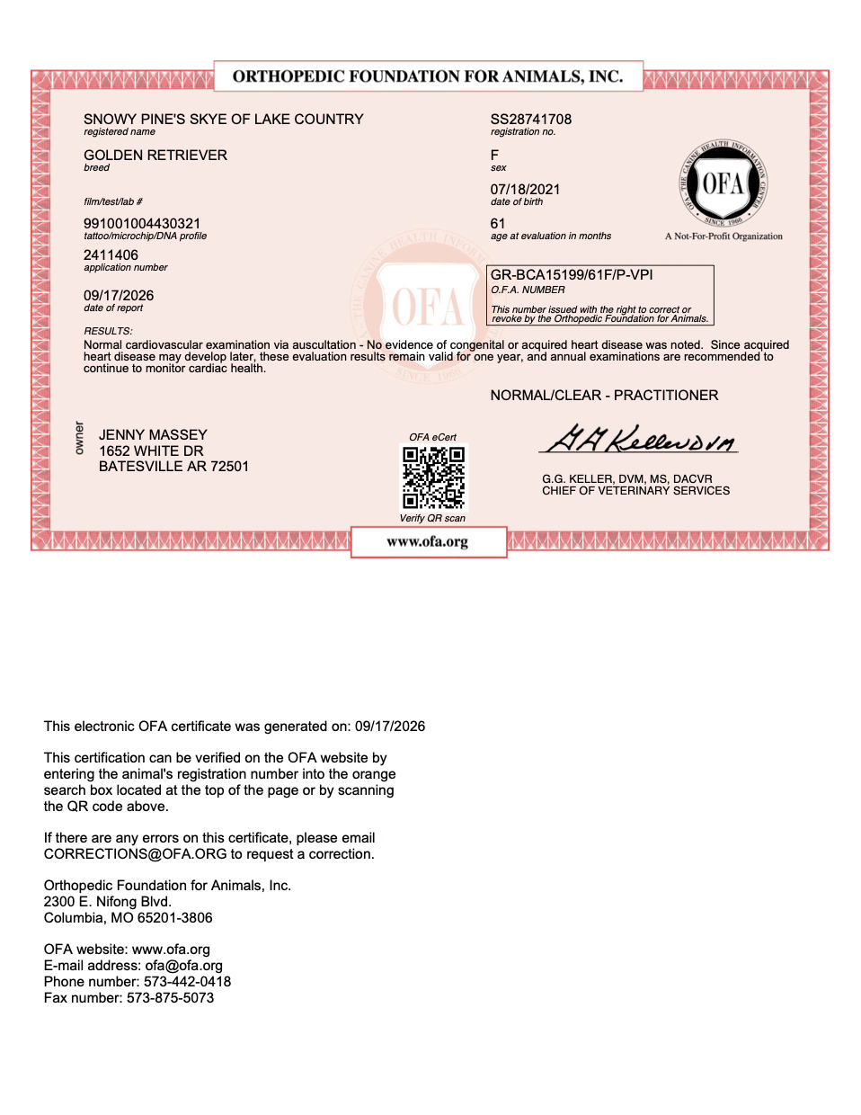 Skye OFA Cardiac Evaluation certificate