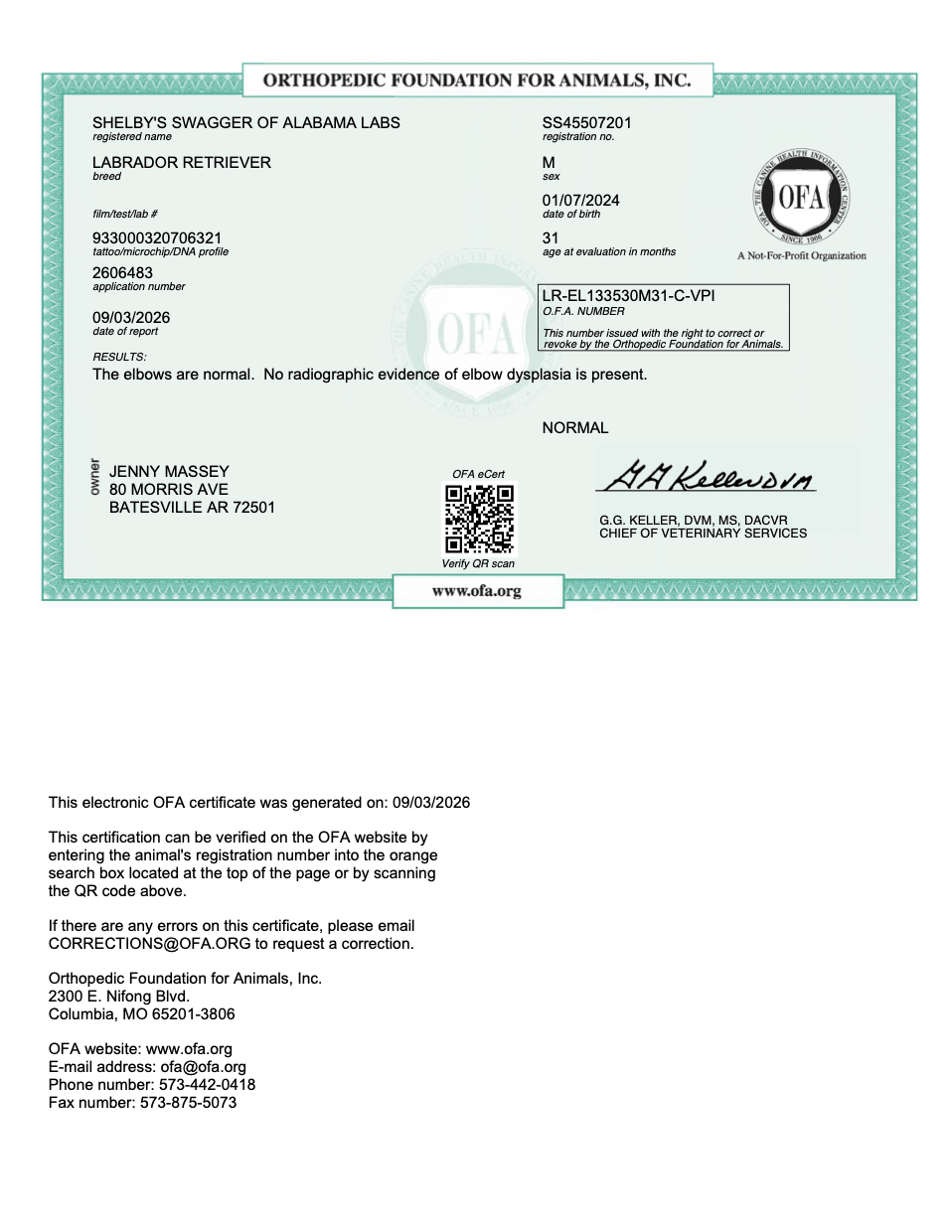 Swagger OFA Elbow Evaluation certificate