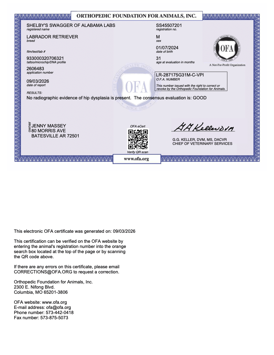 Swagger OFA Hip Evaluation certificate